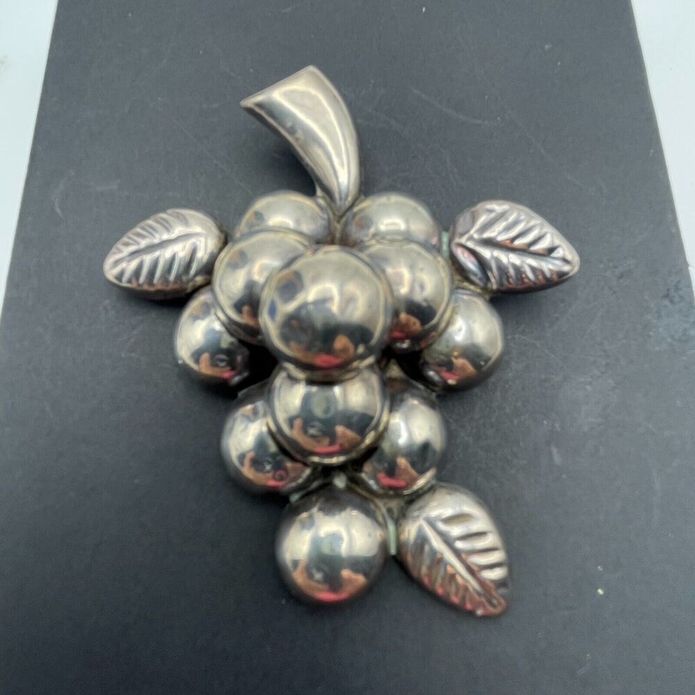 Sterling Mexico Silver Grapes 3" Pin Layered Vintage Handmade 925 Fruit Brooch